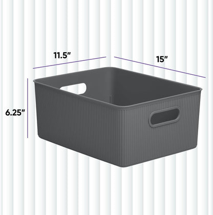 Superio Ribbed Collection Decorative Plastic Open Home Storage Bins, Large Grey (2 Pack), 15 Liter/16 Quart