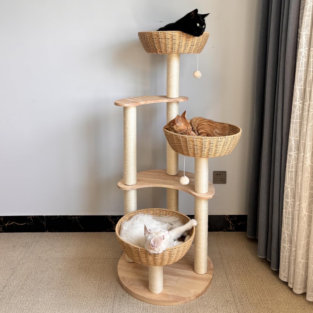 54" Modern Cat Tree for Large Cats, Wood Luxury Multi-Level Oak Solid Wood Cat Trees Cat Towers with 3 Rattan Weaving Cat Nests & Washable Cushions, Sisal Scratching Posts, for Indoor Cats-Lacquered