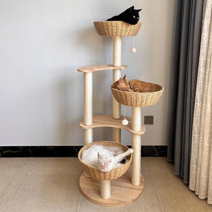 54" Modern Cat Tree for Large Cats, Wood Luxury Multi-Level Oak Solid Wood Cat Trees Cat Towers with 3 Rattan Weaving Cat Nests & Washable Cushions, Sisal Scratching Posts, for Indoor Cats-Lacquered