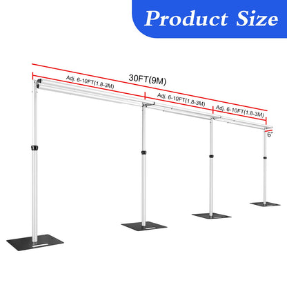 Hecis Portable Pipe and Drape Backdrop Stand 6-10' Tall x 10-30' Wide Double Crossbar, Adjustable Pipe and Drape Backdrop Kit for Event， Party, Trade Shows and Wedding Decor