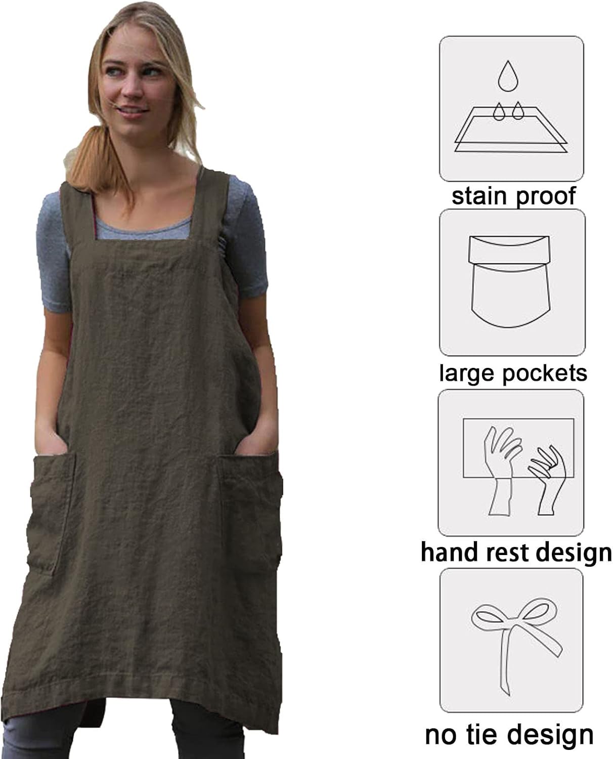 ZQFFB Pinafore Cross Back Apron for Women with Pockets - Japanese Smock for Work, Gardening, Cooking