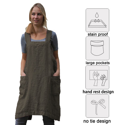 ZQFFB Pinafore Cross Back Apron for Women with Pockets Japanese Smock for Work Gardening Cooking Painting Baking