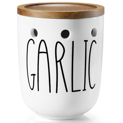 CMLKLZD Ceramic Garlic Keeper for Counter, Large Garlic Holder with Acacia Wood Lid, Farmhouse Garlic Storage Container, Garlic Saver for Kitchen, White