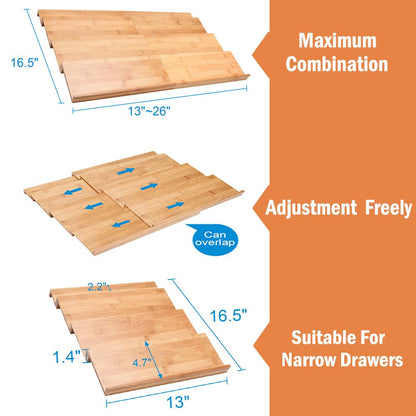 DEWVIE Bamboo Spice Drawer Organizer, 4 Tier In Drawer Spices Rack for Cabinet Drawer Expandable From 13" to 26", Stackable Seasoning Storage Organizer Insert