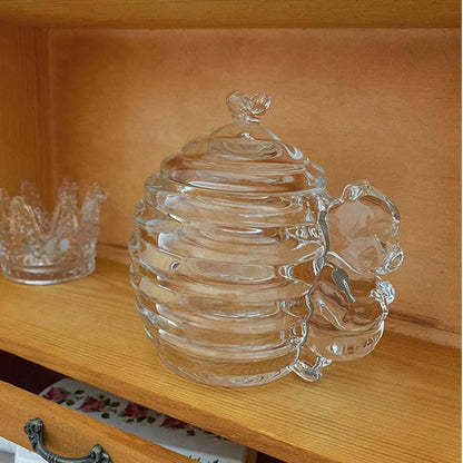 XIZHI 200ML Glass Honey Jar with Bee Decoration Lid and Small Bear Decorative Handle Transparent Honey Pot for Home
