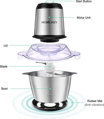 Electric Meat Grinder, 2L Stainless Steel Food Processor, 350W Meat Blender, 4 Sharp Blades, 8 Cups for Vegetables