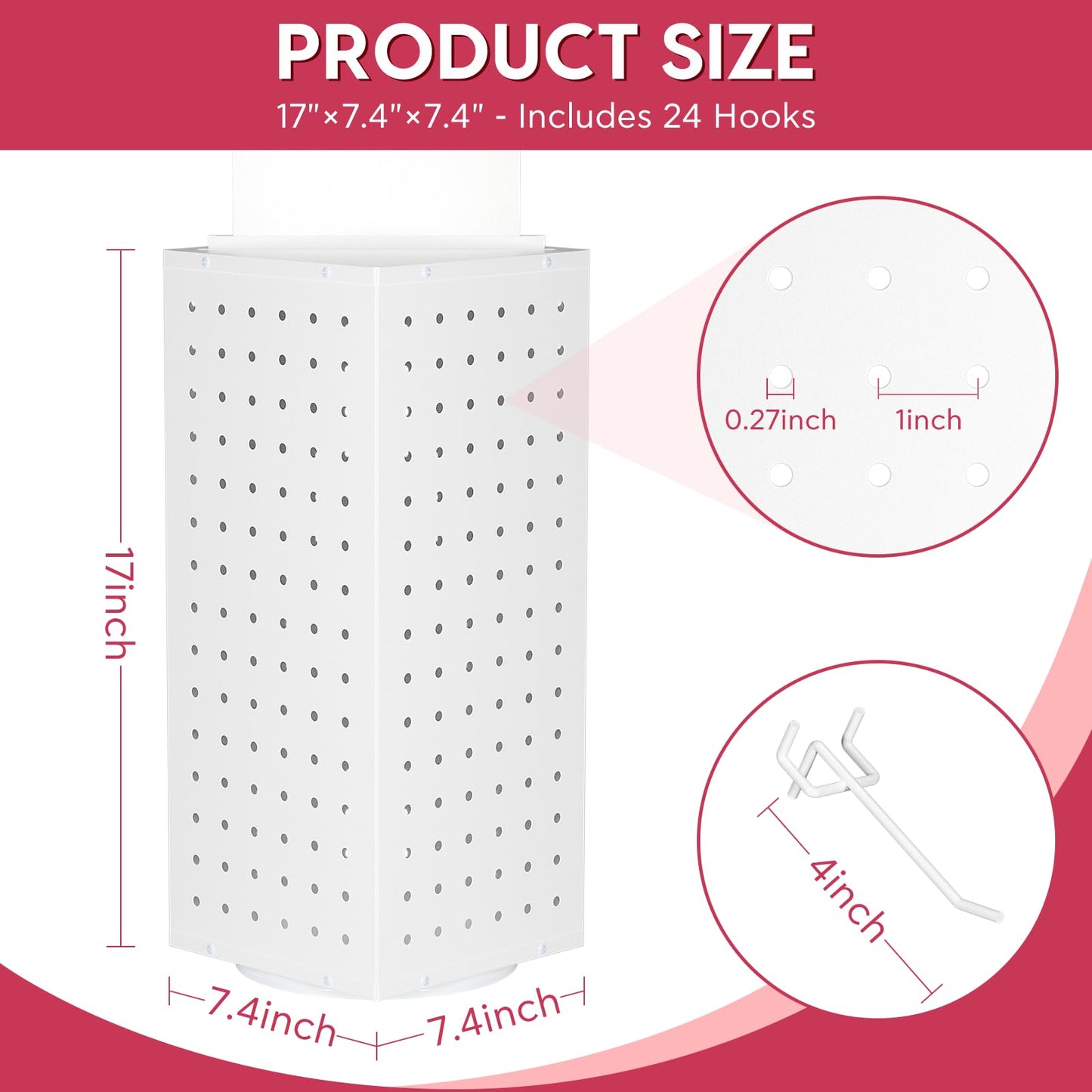 SIBRANT Rotating Pegboard Display Stand With 24 Hooks,Spinning Peg Board Displays,Tabletop Metal Pegboard Shelf for Craft Shows & Fairs, Retail Stores, Vendors Arts and Crafts (White)