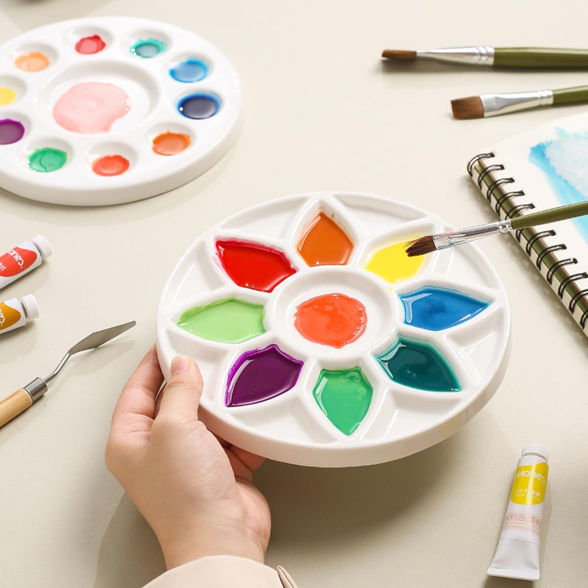 17-Well Paint Palette Porcelain Paint Palette Ceramic Tray Artist Watercolor Mixing Palette for Acrylic Oil Painting, Watercolor, Gouache Painting, Round