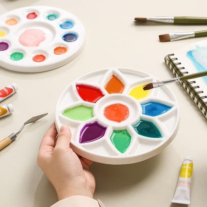 17-Well Paint Palette Porcelain Paint Palette Ceramic Tray Artist Watercolor Mixing Palette for Acrylic Oil Painting, Watercolor, Gouache Painting, Round