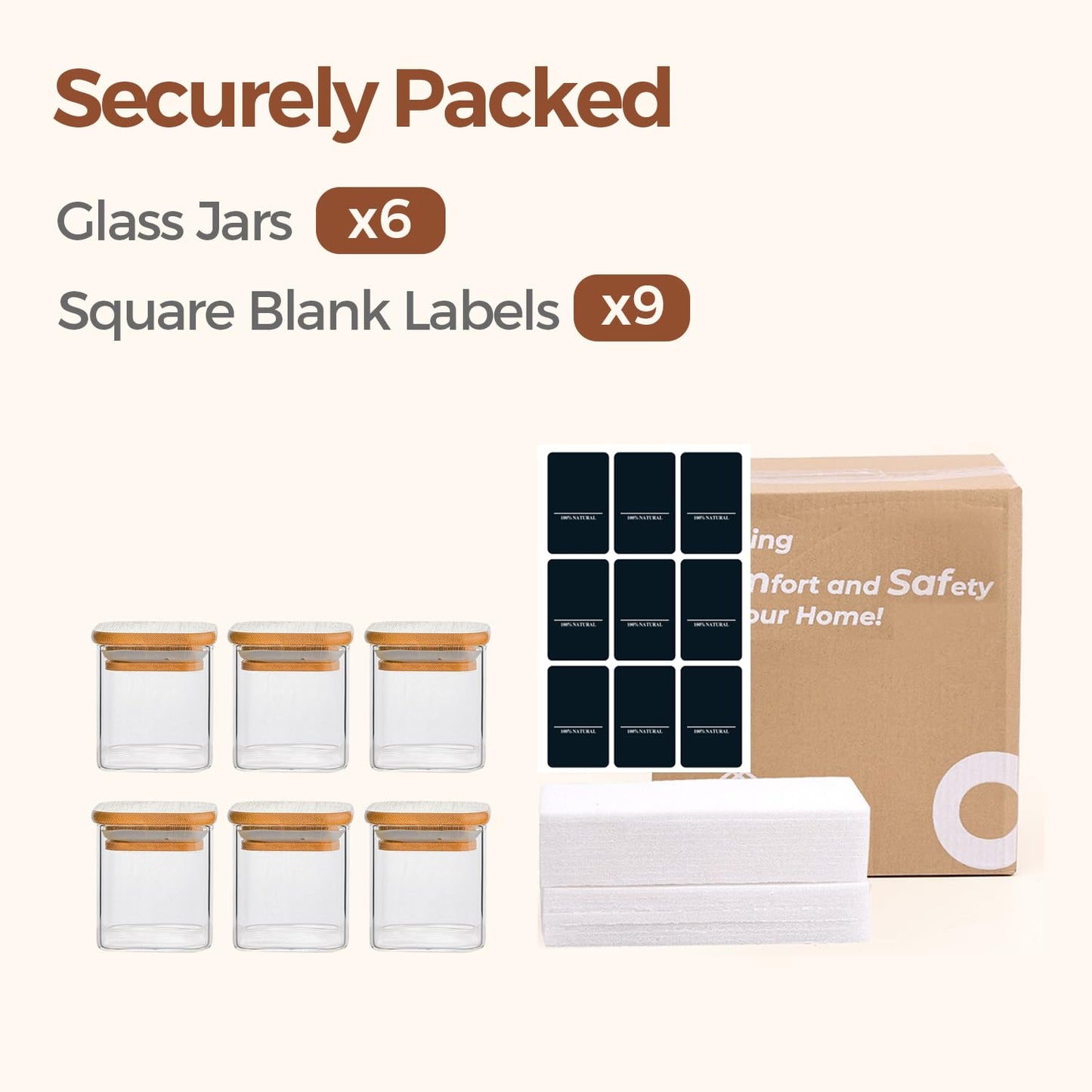 ComSaf 16Pcs Glass Spice Jars with Bamboo Lid, 4oz Airtight Square Spice Containers with 275 Black Lables, Empty Seasoning Jars for Spice Salt Sugar