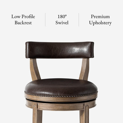 Maven Lane Alexander Counter Stool 26 Inches – Swivel Stool with Footrest – Brown Solid Wood and Brown Faux Leather Upholstery – Perfect for Kitchen Island and Counter