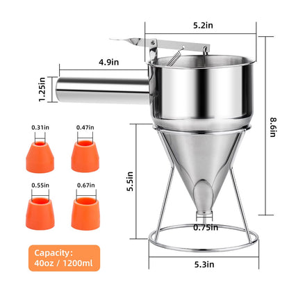 Choxila 40oz Pancake Batter Dispenser, Stainless Steel 4 Caliber Funnel Cake Dispenser with Stand Great for Pancakes, Cupcakes and Baked Goods