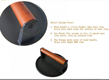 Firsgrill Burger Press 7.08" Round & 8.3”X4.3”Rectangle Heavy-Duty Cast Iron Smash Meat Steak with Wood Handle for Blackstone Camp Chef Pitboss Weber Treager Griddle (Round & Rectangle w Flat Bottom)