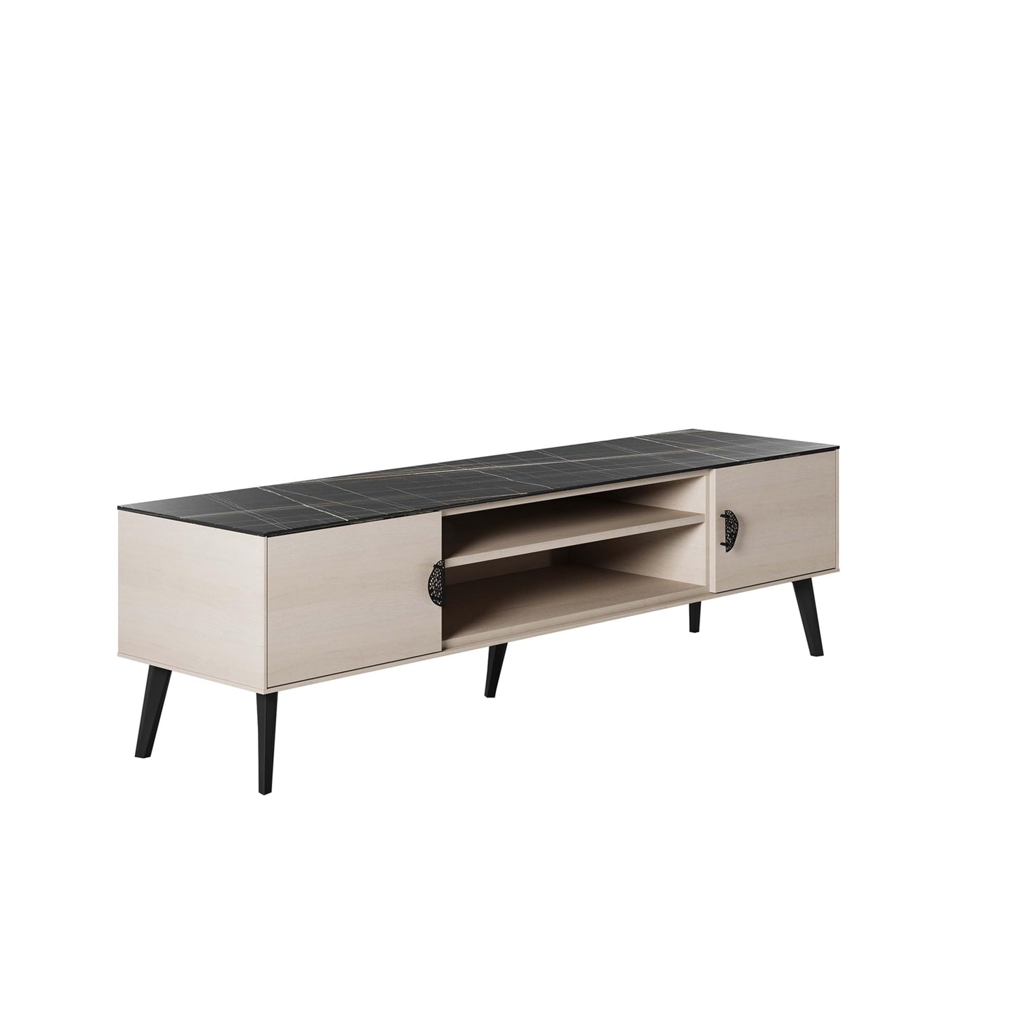 Manhattan Comfort Haley Mid Century Modern TV Stand for Televisions up to 55 Inches, Home Entertainment Center with Storage, Shelves, and Soft Close Doors, 70.9" Wide, White and Black Marble