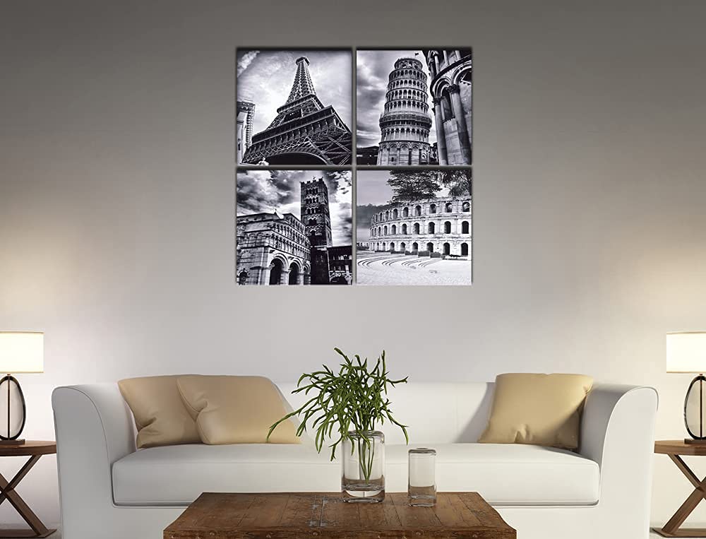 Wieco Art Architectures Modern 4 Panels Giclee Canvas Prints Europe Buildings Black and White Landscape Pictures Paintings on Canvas Wall Art Ready to Hang for Bedroom Home Office Decorations