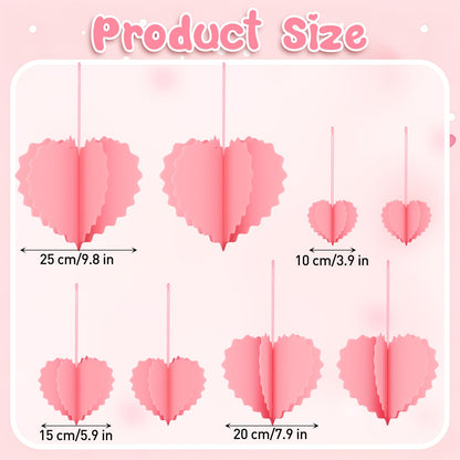 Valentines Day Decorations - 8 Pcs Pink 3D Valentines Hanging Hearts Ornaments Paper Valentines Tree Decorations for Valentines, Wedding, Engagement, Anniversary, Galentines Party Décor