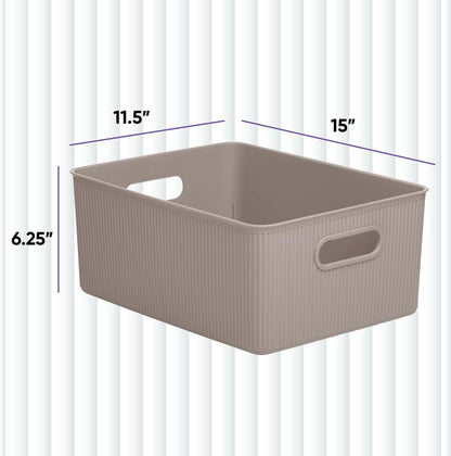 Superio Ribbed Collection - Decorative Plastic Open Storage Bins, Large Taupe (2 Pack), 15 Liter/16 Quart