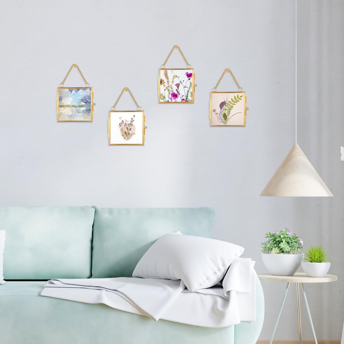 HOFURME 4 Pcs Mini Brass Wall Hanging Photo Frame, Square Glass Hanging Picture Artwork Display Frame, Double Glass Floating Frame Style Gallery Wall Frame for Picture, Pressed Flower (3.5x3.5 inch)