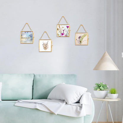 HOFURME 4 Pcs Mini Brass Wall Hanging Photo Frame, Square Glass Hanging Picture Artwork Display Frame, Double Glass Floating Frame Style Gallery Wall Frame for Picture, Pressed Flower (3.5x3.5 inch)