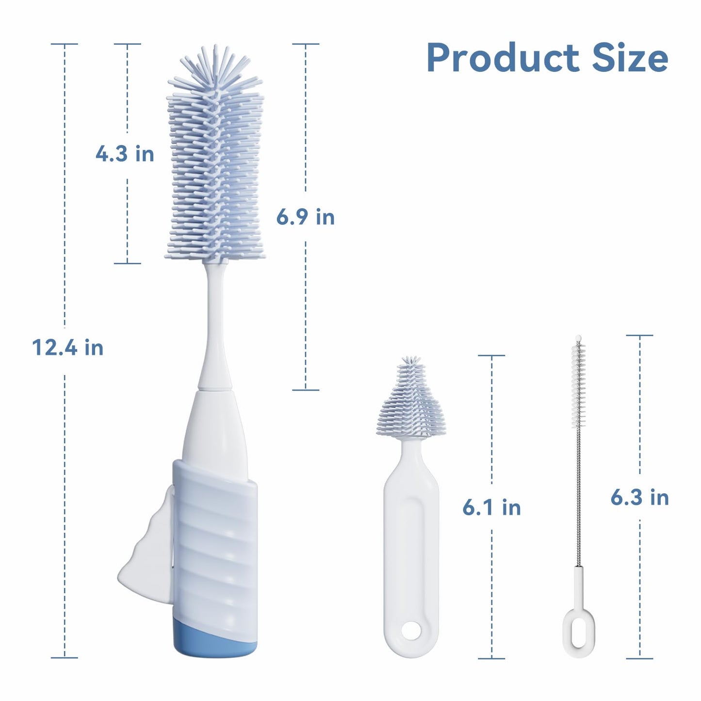 Swishine Baby Bottle Brush Set, Innovative Efficient Press-to-Spin Brush Cleaner - Includes Silicone Bottle Brush, Nipple Brush, Straw Cleaner - Spinning Generates Rich Foam for Deep Cleaning, Blue