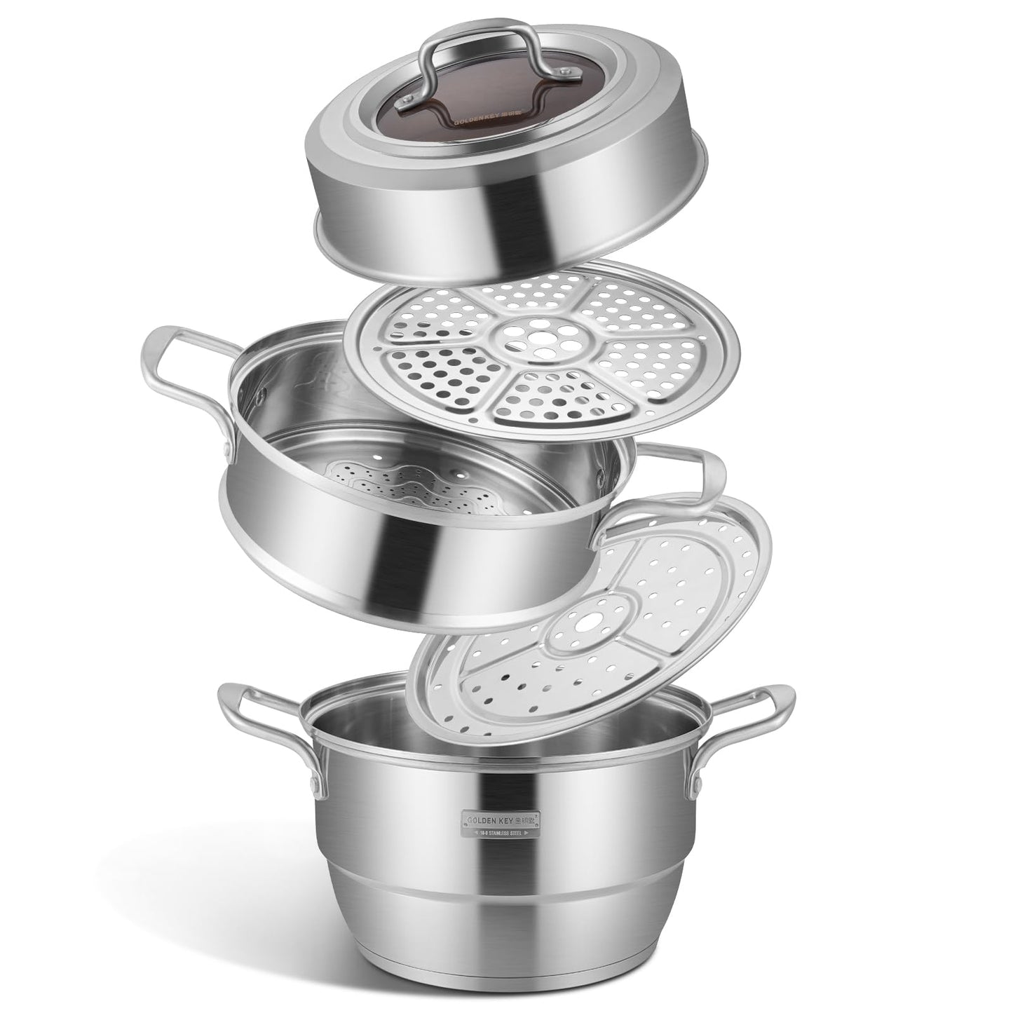 GOLDEN KEY 7.4 QT Steamer for Cooking, 2-Tier Multipurpose 18/8 Stainless Steel Steamer Pot with Lid for Vegetable, Seafood, Rice, Dumplings, Works with Gas Electric Induction Stove