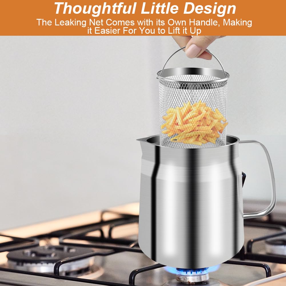 68oz Deep Fryer Pot with Basket and Oil Strainer, Abnaok 304 Stainless Steel Deep Frying Pot for French Fries, Chicken, or Japanese Tempura, Heavy Duty Bacon Grease Strainer