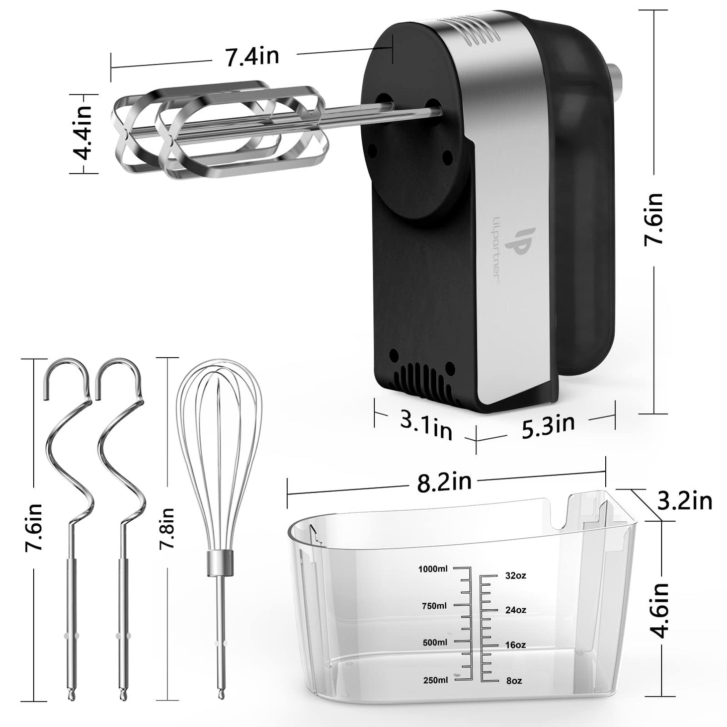 Hand Mixer Electric, 450W Kitchen Mixers with Scale Cup Storage Case, Turbo Boost/Self-Control Speed + 5 Speed + Eject Button + 5 Stainless Steel Accessories, For Easy Whipping Dough, Cream, Black