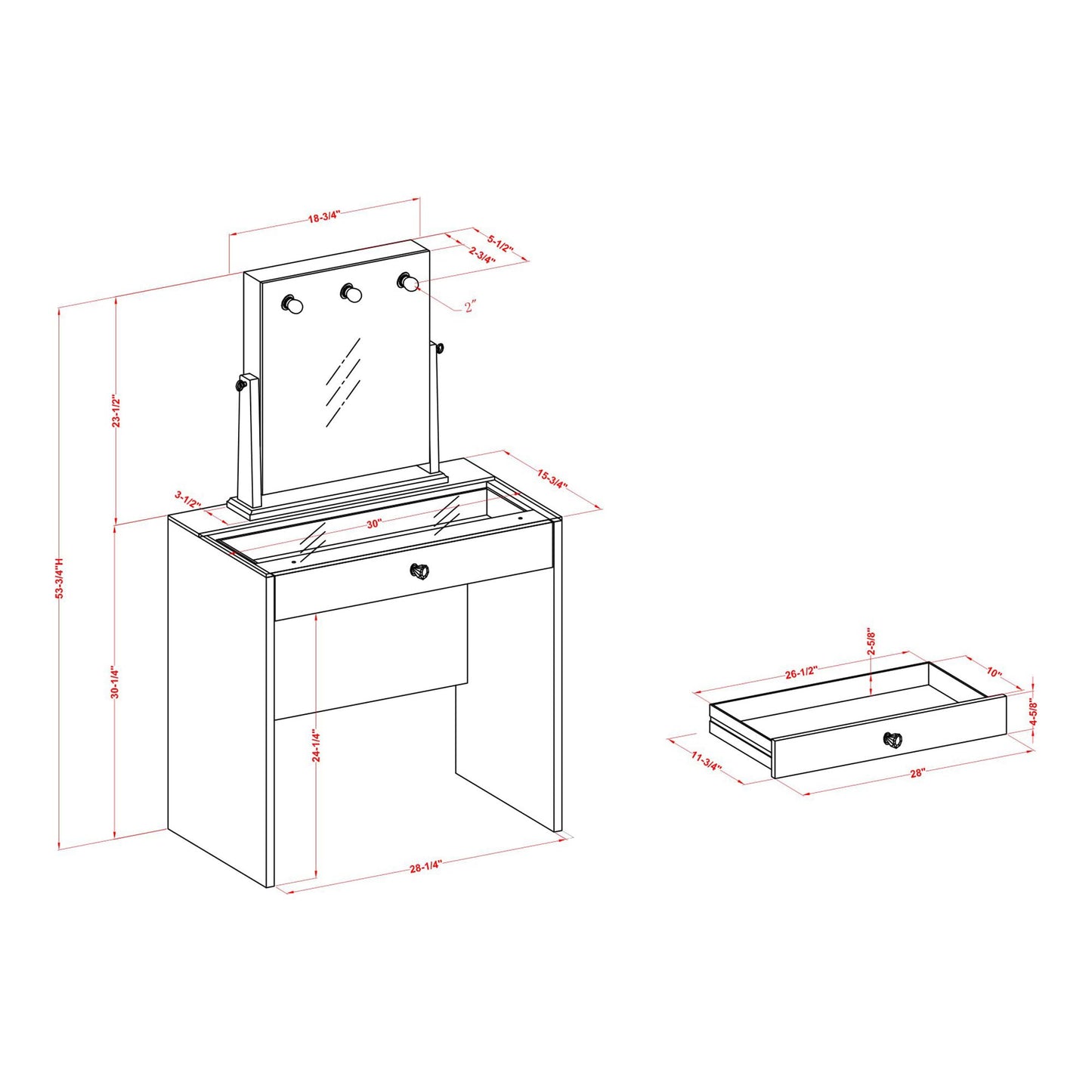 24/7 Shop at Home Peregrine Modern Wood 2-Piece Makeup Vanity Table and Adjustable Lighted Mirror Set with Bulbs, 1 Felt-Lined Drawer for Bedroom, Dressing Room, Bathroom, Guest Room, Luminous White