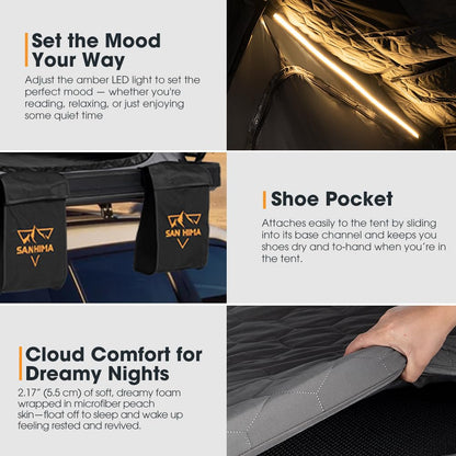 SanHima Rooftop Tent Hard Shell - CapeTop Overland Aluminium Fold-Out Roof Top Tent 131.5LBS Lightweight, w/Annex Room Digital Panel & Tri-Color LED Strip Light, for Car SUV Truck Camping, 2-3 People