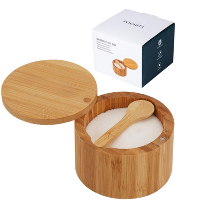 Pochita Global Bamboo Salt Cellar Bowl Box with Swivel Magnetic Lid to Avoid Dust, Elegant Kitchen Salt Container Holder with to Storage Pepper Spice Bath & Sea Salts, 6OZ（Built-in Spoon）