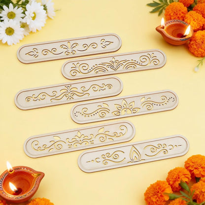 BENECREAT 6 Pack Wooden Diwali Rangoli Stencils for Painting, 6 Styles Mandala Stencils for Home Decor DIY Art Projects, 11.8x2.4 Inch