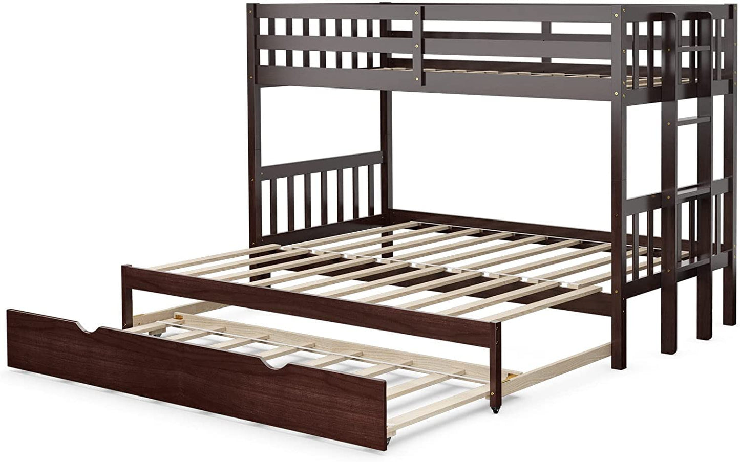Giantex Twin Over Pull-Out Bunk Bed with Trundle, Extendable Twin/Full/Queen/King Bunk Bed, Solid Wood Bunk Bed with Ladder and Safety Rail, Wooden Bunk Beds for Kids Adults Teens, Espresso