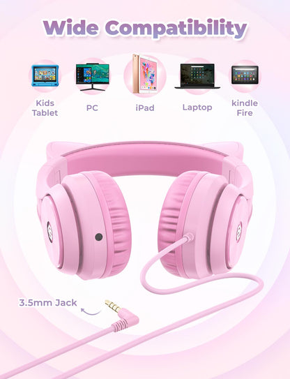 iClever Kids Headphones with Cat Ear Led Light Up, Safe Volume Limite, FunShare, Foldable, Over-Ear Headphones for Kids for School/iPad/Tablet/Travel, Meow Donut-Pink