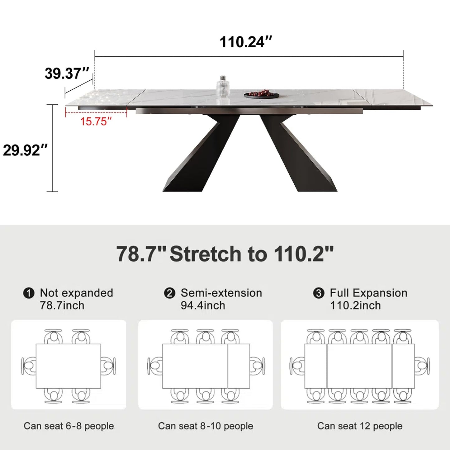 Trroec Marble Expandable Table for 8-12 People, 78.74-110.24 Inch Adjustable Length, Heat Resistant Scratch-Resistant Sintered Stone Table Top for Kitchen Dining Room Family Party