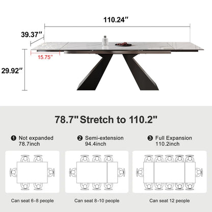 Trroec Marble Expandable Table for 8-12 People, 78.74-110.24 Inch Adjustable Length, Heat Resistant Scratch-Resistant Sintered Stone Table Top for Kitchen Dining Room Family Party