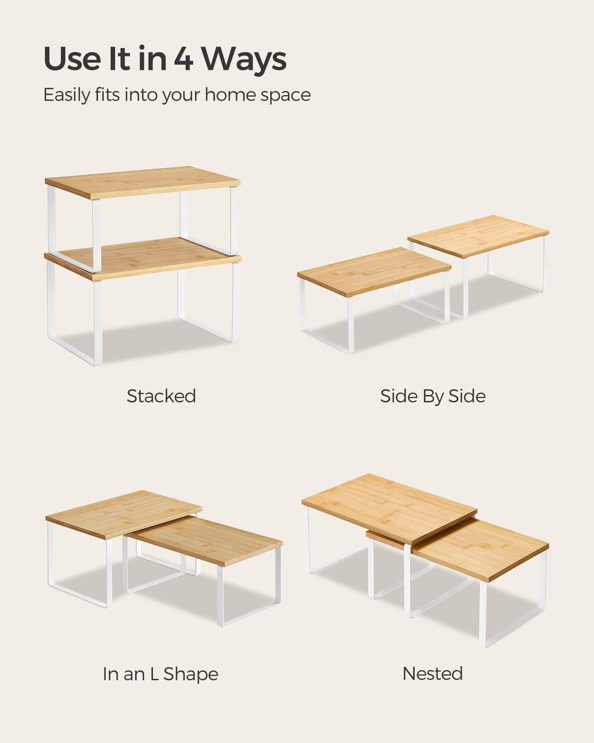 SONGMICS Cabinet Organizer Shelf, Set of 4 Kitchen Counter Shelves, Kitchen Storage, Spice Rack, Stackable, Expandable, Metal and Engineered Wood, Cloud White and Natural Beige UKCS010N01