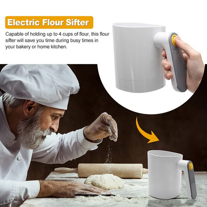 Electric Flour Sifter, Handheld Battery Operated Stainless Steel Mesh Shaker, Fine Mesh Cup Shape Powder Shaker Strainer Kitchen Cooking Baking Pastry Tools 4 Cup/1L Capacity