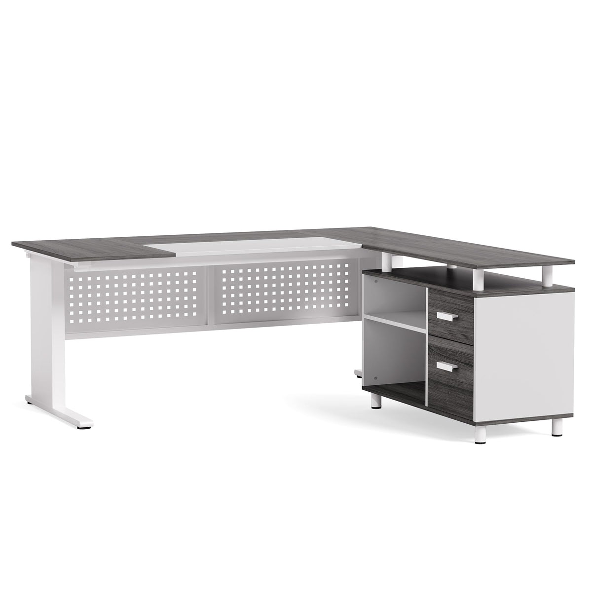 LITTLE TREE Large Computer Desk with File Cabinet, 63-Inch Executive Desk L Shaped Office Desk with Drawers and Storage Shelves, Business Furniture Desk Workstation for Home Office (Grey + White)