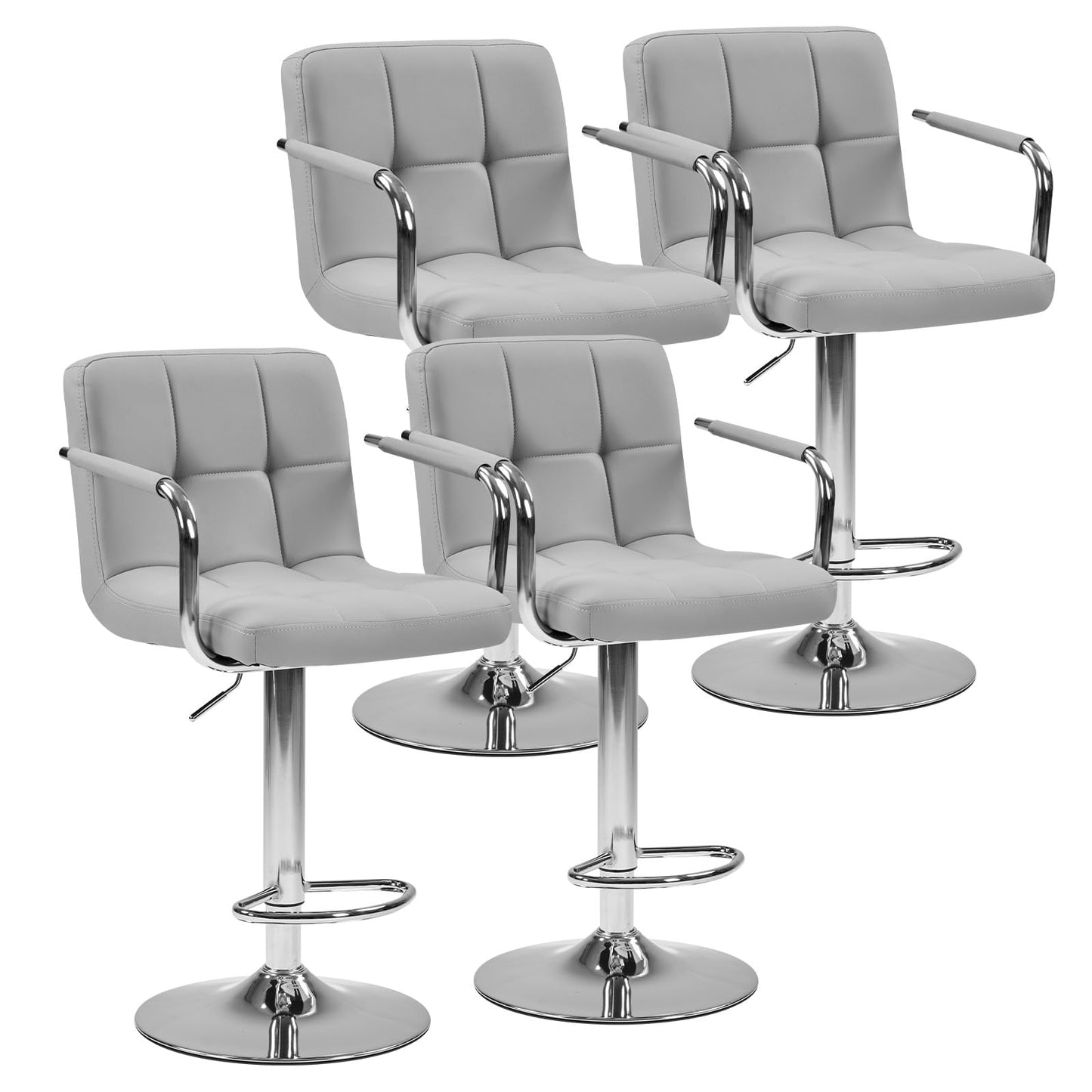 OLIXIS Swivel Bar Stools Set of 4, PU Leather Upholstered Bar Chairs with Back & Armrests, Adjustable Counter Height Stools with Metal Legs for Kitchen Island, Home Bar, Pub, Light Grey