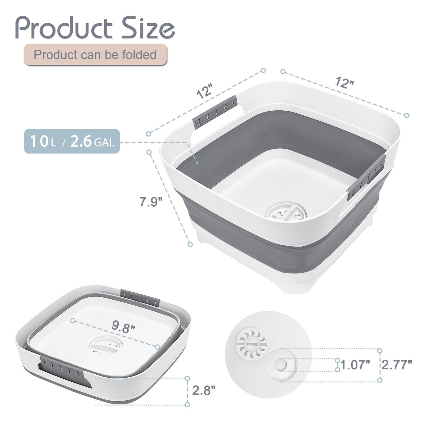 Collapsible Dish Basin with Drain Plug, 2.4 Gal 9L Foldable Wash Basin, Portable Sink Tub for Kitchen, Baby Bottles, Camping, RV, Vegetable Washing and Beverage Tub, Gray