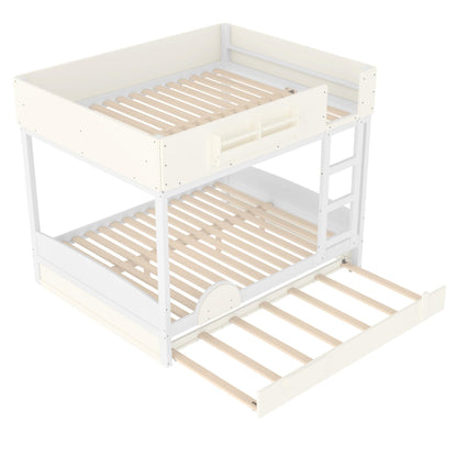 KEIKI Queen Over Queen Size Bunk Bed with Trundle, Pine Solid Wood Triple Bunk Beds Frame with Bookshelf, Guardrail, Slat and Ladders, Automobile Form Design bunkbed for Kids Teens & Adults