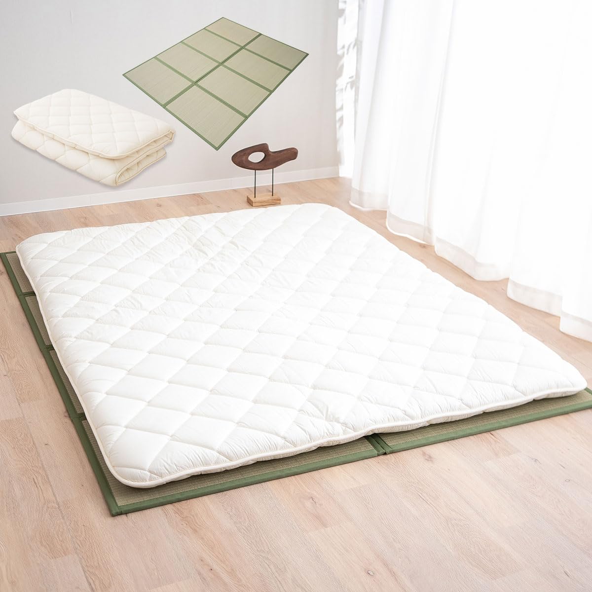EMOOR Japanese Futon Mattress Premium CLASSE and Tatami Mat Set Full, Floor Sleeping Mat Sikibuton Igusa Natural Cotton