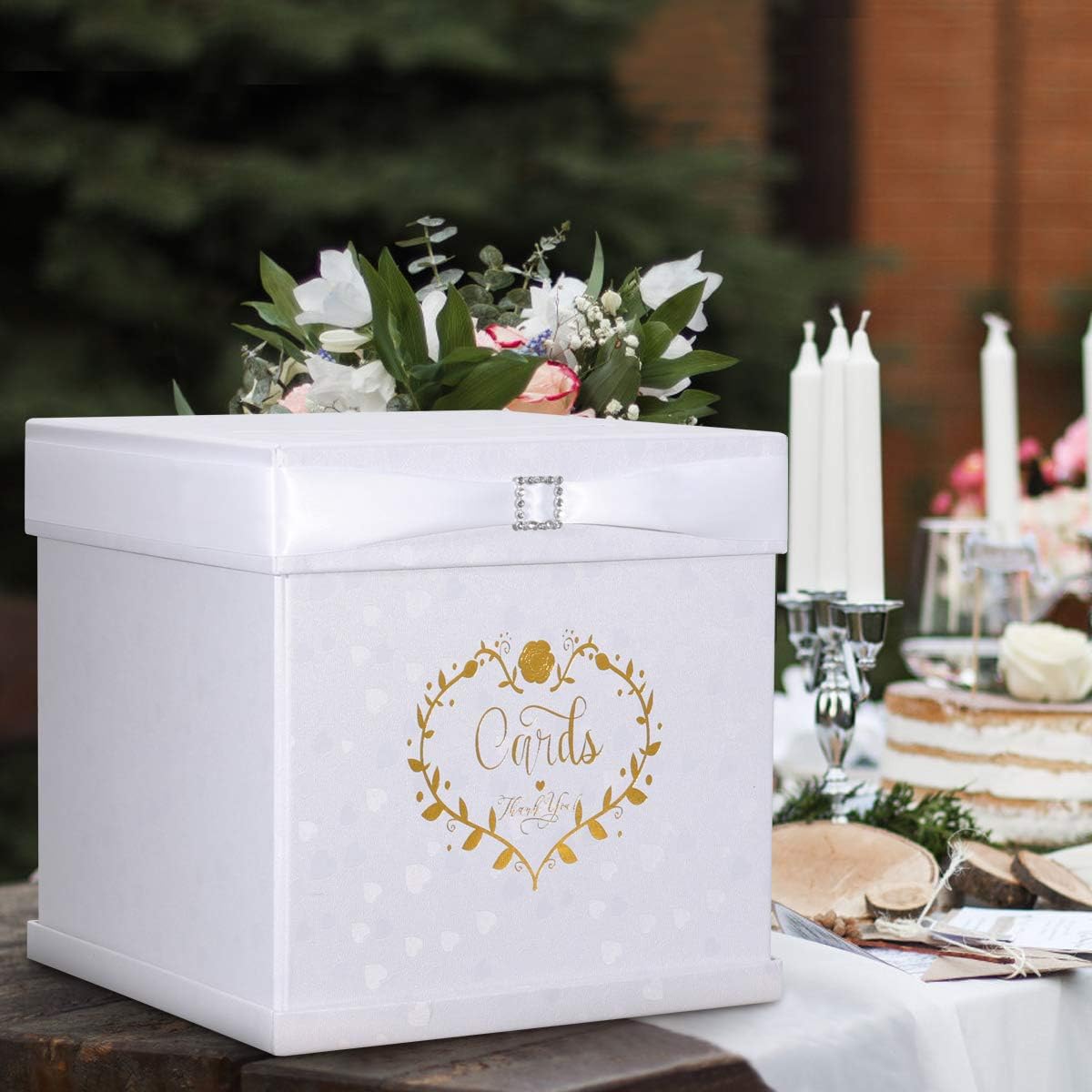 Wedding Card Box with 2 Color Ribbons, 10"x10" Textured White Box with Golden Embossed Hearts Design