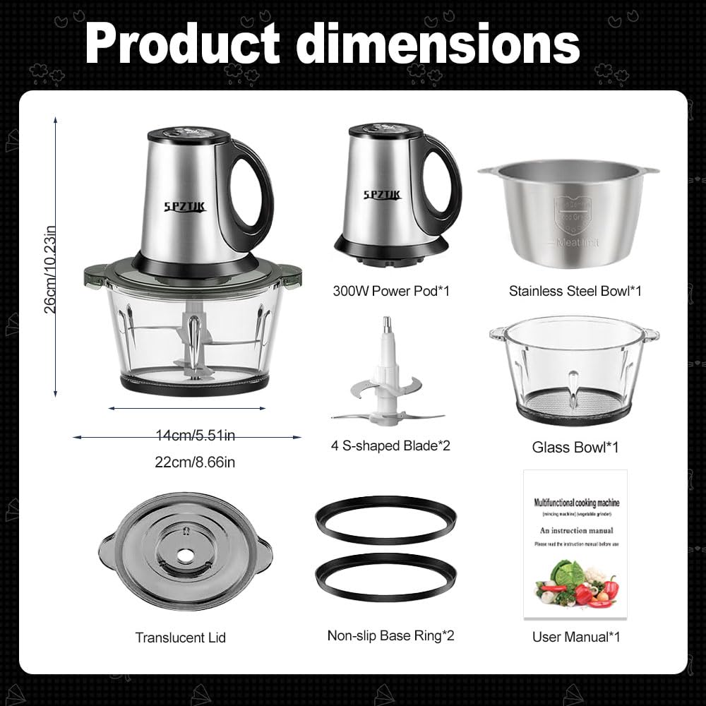 SPZTJK 3-Speed Electric Food Processor: Meat Grinder, Vegetable Chopper & Baby Food Maker - 300W, 2 Bowls (8 Cup Stainless Steel+8 Cup Glass), Quiet Operation