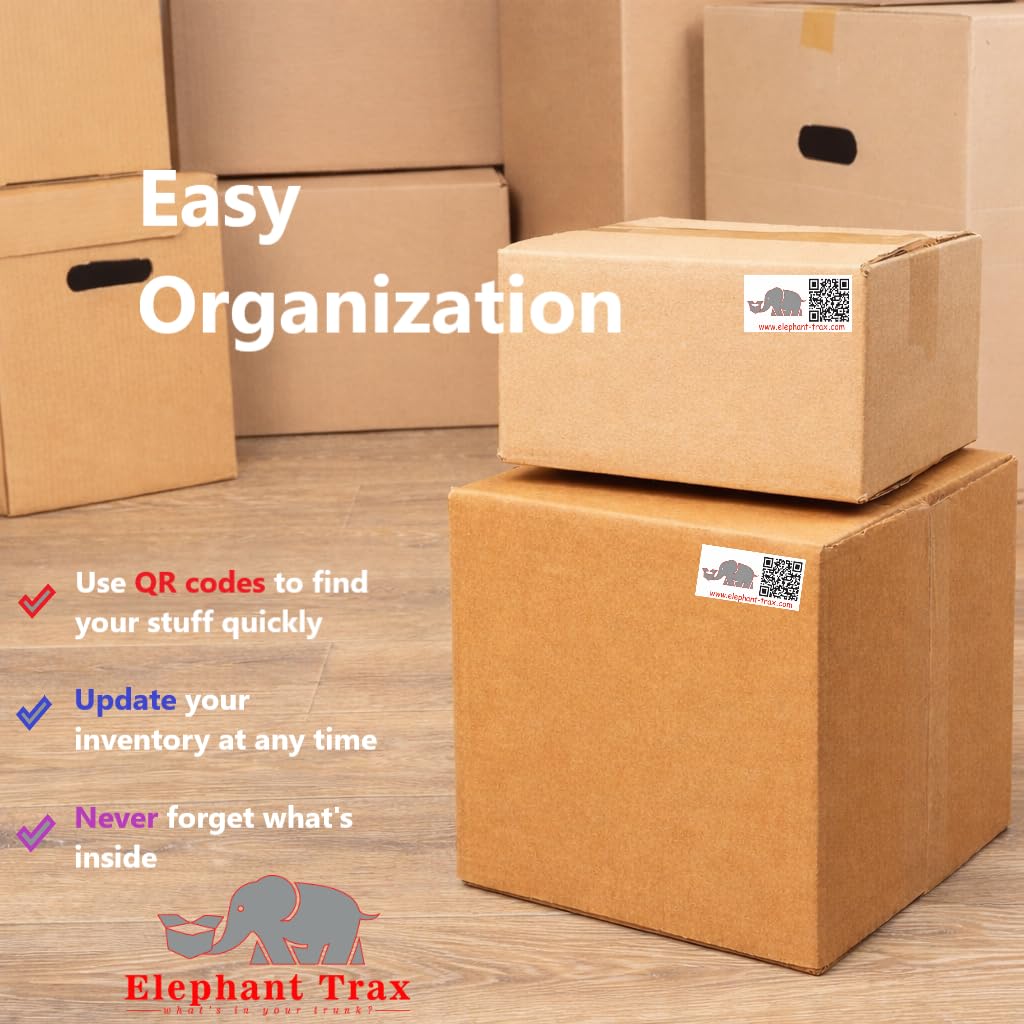 Elephant Trax QR Code Labels for Storage Bins – 40 Smart QR Code Stickers, Scannable QR Labels for Tote Bins, Moving Box Labels, Home Organization, Packing Supplies & Inventory Tracking