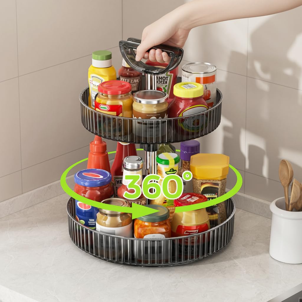 2-Tier Lazy Susan 360° Rotating Turntable Organizer Rack with Handles Height Adjustable, Spice Rack Holder Organizer for Cabinet, Pantry Organizers Bathroom Countertop Storage (Dark Gray)
