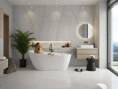 Freestanding Bathtub 67 inch Acrylic Oval Soaking Tub – All-White Design with Chrome Drain and Overflow Cover, Contemporary Stand Alone Bath for Family or Guest Use