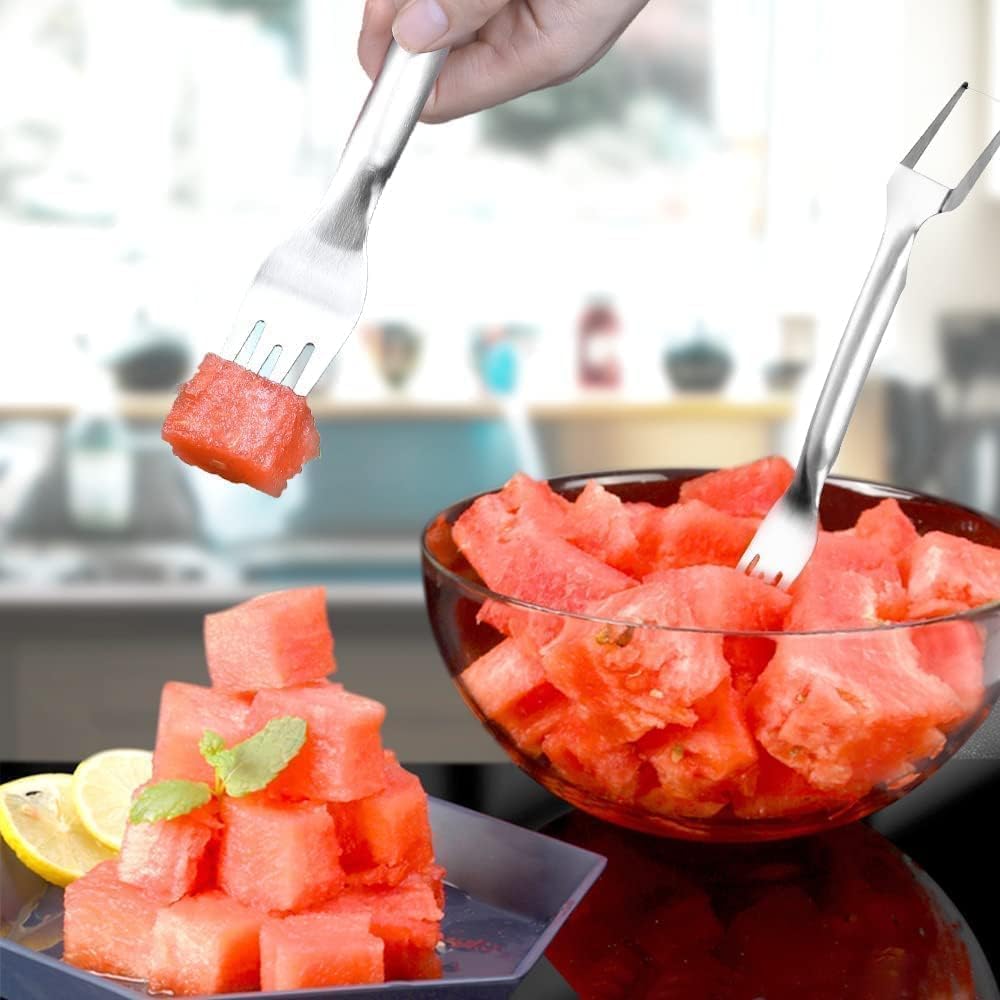 3 Packs 2-in-1 Watermelon Fork Slicer Fruit Cutter, Stainless Steel Watermelon Cutter Artifact, Watermelon Cut ter Slicer Tool Fruit Forks Sli cer Knife Kitchen Gadgets