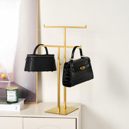 Purse Display Stand Jewelry Towers, Double T-Shaped Tabletop Stainless Steel Hook Hanging Adjustable Height Handbag Holder for Organizer Luxury Bags Necklaces Home Store Boutique Retail Closet