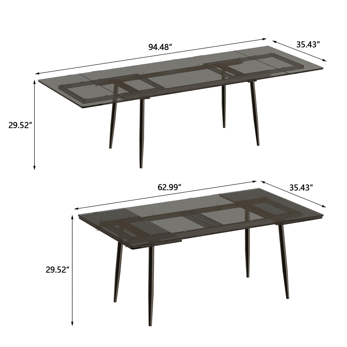 NessCarsti 62.99-94.48" Extendable Dark Tempered Glass Dining Table, Scratch-Resistant Glass Top & Metal Frame, Seats 8-10, Modern Minimalist Dining Furniture for Family & Entertaining